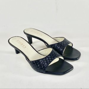 Ralph Lauren Black Leather Kitten Heel Sandal